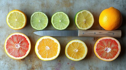 Citrus Symphony: Vibrant Slices, Knife, and Rustic Texture Composition.