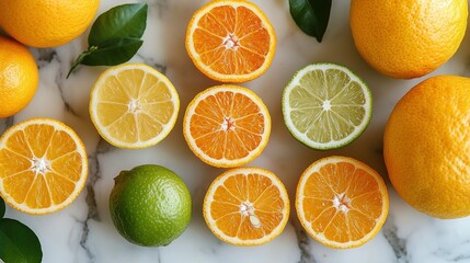 Vibrant Citrus Medley: Freshly Sliced Oranges, Lemons, and Limes on Elegant White Marble, Overhead View