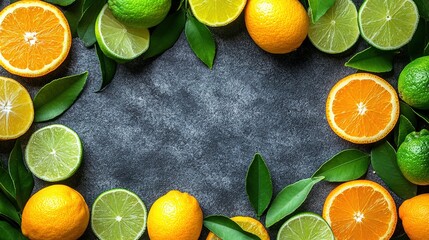 Vibrant Citrus Border with Oranges, Limes, and Leaves on Textured Dark Surface