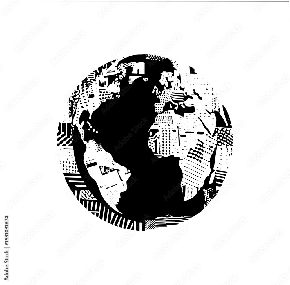 Poster vector detailed globe with patterned continents and dark oceans.