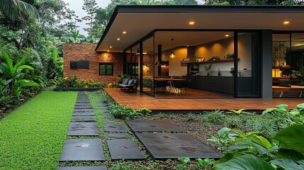 Architectural Modern Home with Expansive Glass Walls, Warm Interior Glow, and Lush Tropical Garden Landscape.