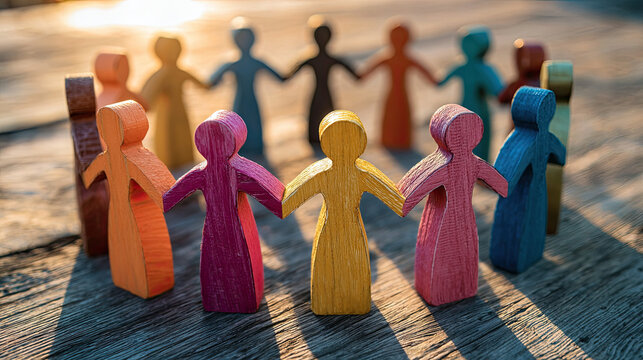 Targeting women consumers based on personal values concept. Colorful wooden figures representing unity and community.