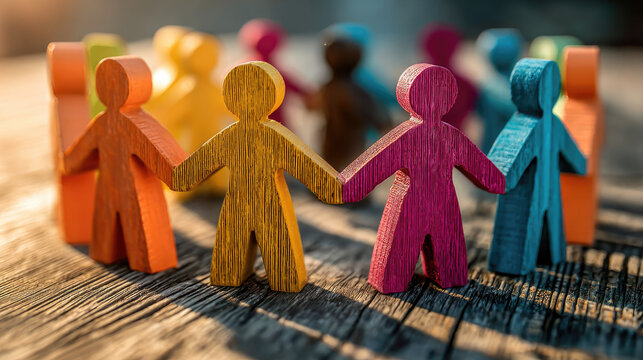 Targeting women consumers based on personal values concept. Colorful wooden figures representing unity and collaboration.