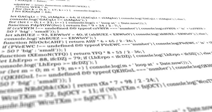 Animated video of fictional programming code text with no context scrolling vertically with camera blur on a white background
