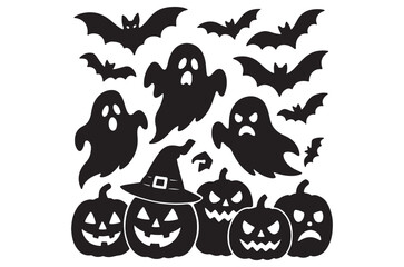 Halloween Silhouette Set – Ghosts, Bats, Pumpkins, Witch Hat and Broomstick Vector Illustration, Halloween vector, eps, halloween icon