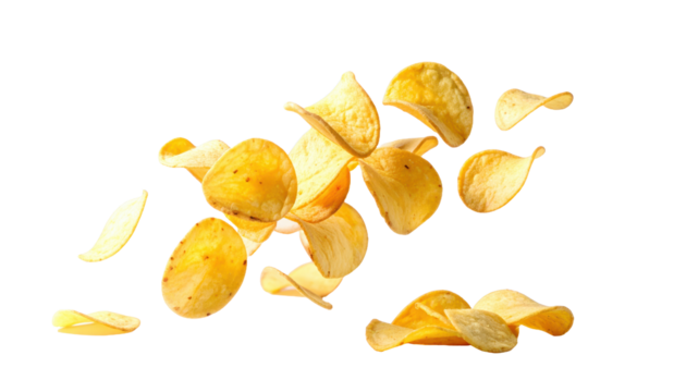New Cassava Chips Product Launch with Floating Chips in mid-Air on White, wide angle