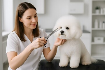 Professional Dog Groomer Styling Fluffy Bichon with Scissors Indoors