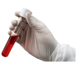 Gloved hand holding blood sample in test tube against black background