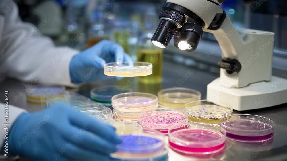 Poster stained microbial slides under magnification in a level2 biosafety lab with incubated petri dishes a