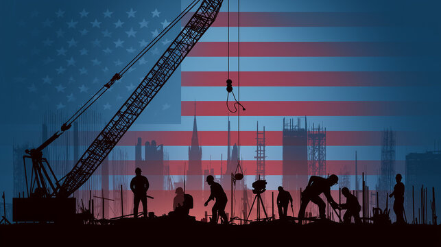 American construction industry workers building with usa flag backdrop