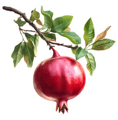Ripe red pomegranate hanging from a branch with green leaves