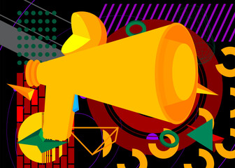 Megaphone geometrical graphic retro theme background. Minimal geometric elements. Vintage abstract shapes vector illustration.