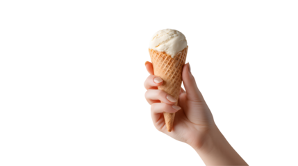 A hand holding a vanilla ice cream cone on a transparent background