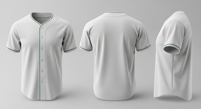 Blank white baseball jersey mockup with front, back, and side views for team uniform design presentation.
