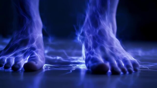 Macro shot of hands and feet jittering enhanced with dynamic electricblue streaks representing involuntary muscle twitching.