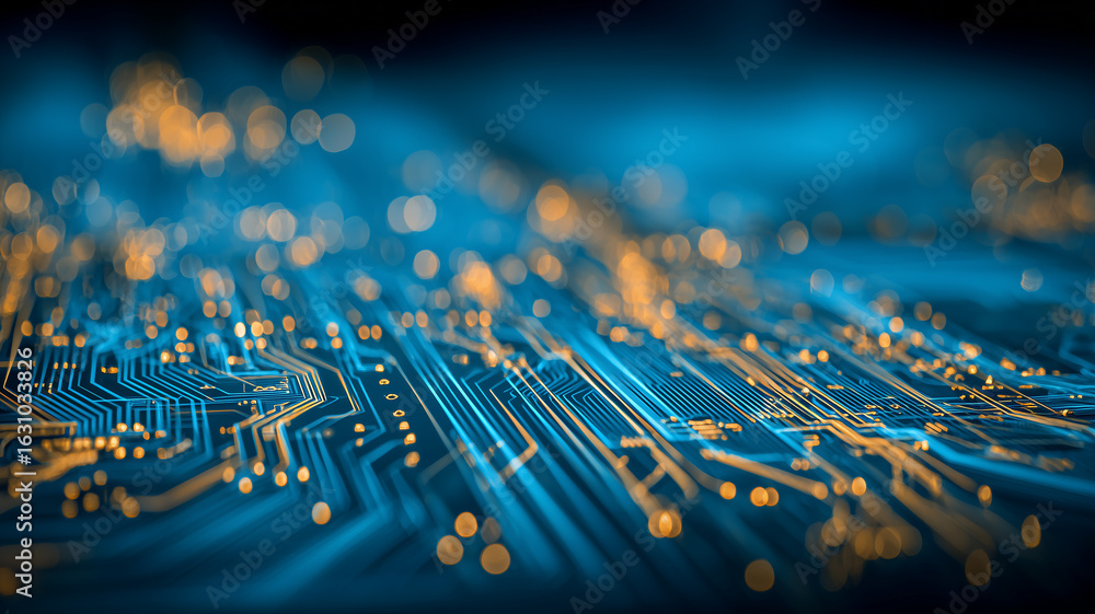 Poster endless blue circuit pathways shimmer with golden bokeh in a tech universe. illustrates the invisibl