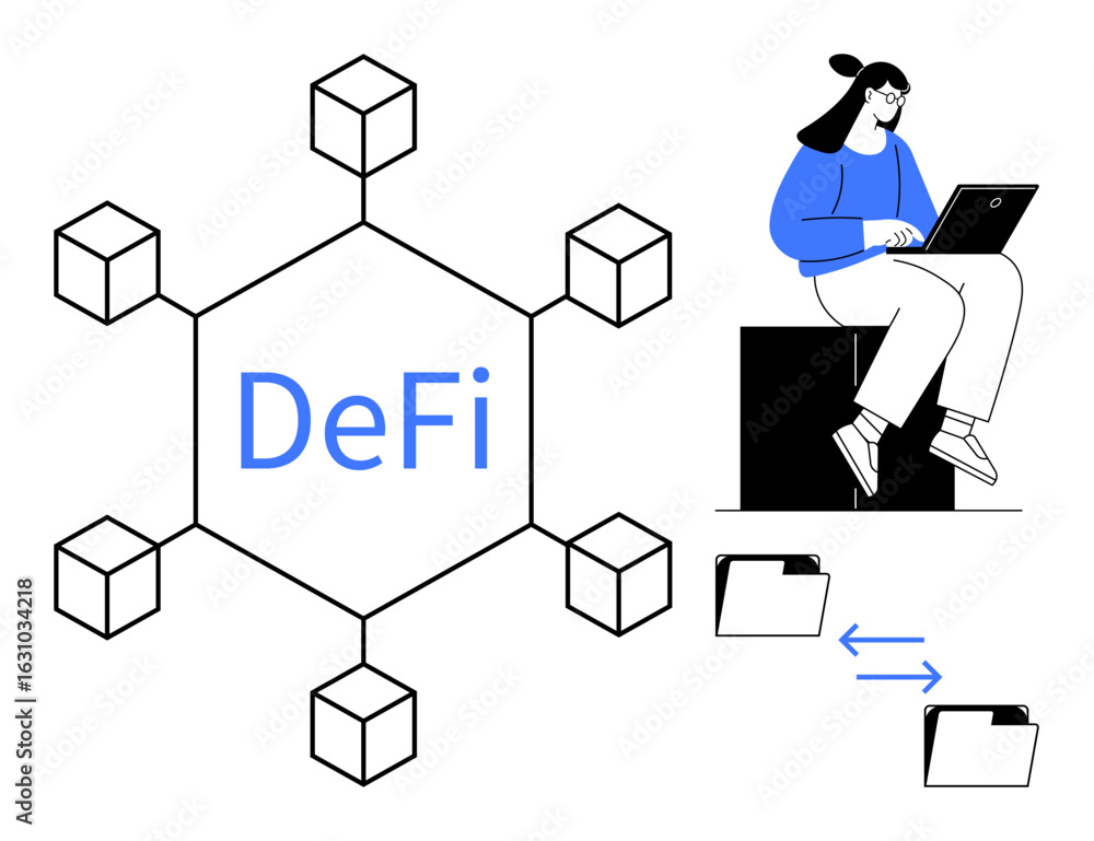 Poster blockchain network connecting cubes labeled defi, person working on laptop, and folders with data ex