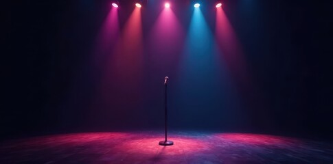 Dark stage, single spotlight, empty microphone stand, club, ready, dark