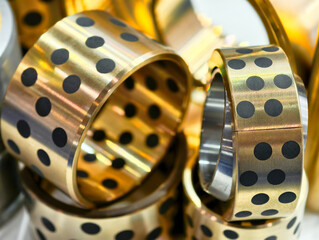 Bronze plain bearings with black dots stacked together in a manufacturing facility showcasing...