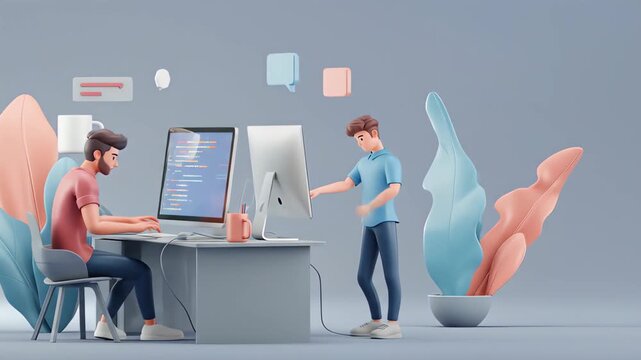3d illustration of two cartoon developers are working on a computer, coding and programming software in a creative workspace, solving problems and designing innovative solutions