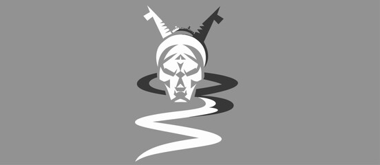 Warrior skull emblem with crossed swords and winding path.