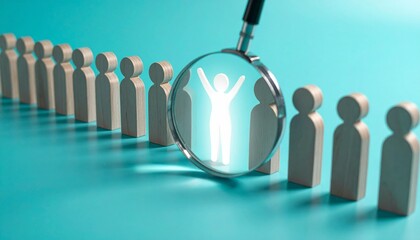 Identifying Talent: Magnifying Glass Focuses on Unique Individual Among a Row of Similar Figures on a Teal Background