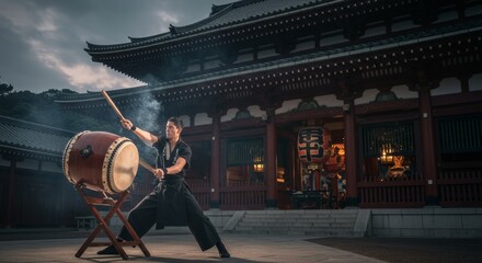 Japanese Taiko Drummer Performing at Temple