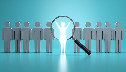 Finding the Right Candidate: A Magnifying Glass Highlights an Exceptional Individual Among a Group, Standing Out from the Crowd for Success.