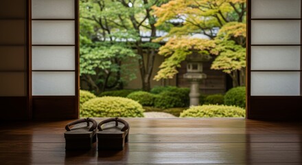 Geta Sandals by Shoji Screen with Serene Japanese Garden View