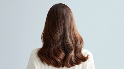 Long wavy hair cascading down the back of a woman against a light background in a neutral setting.