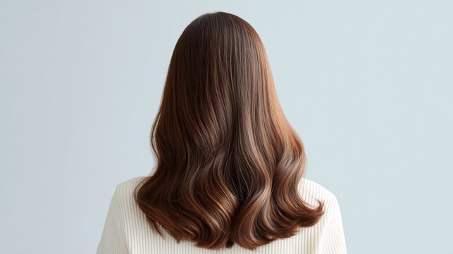 Long wavy hair cascading down the back of a woman against a light background in a neutral setting.