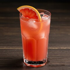 Refreshing grapefruit juice cocktail garnished with a citrus slice and ice cubes