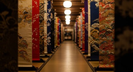 Vibrant Kimono Textiles in a Japanese Corridor