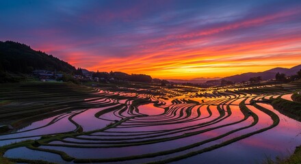 Stunning Sunset over Japanese Rice Terraces