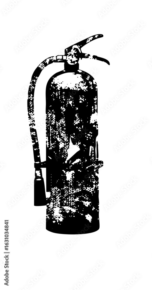Poster vector distressed fire extinguisher with handle and nozzle.