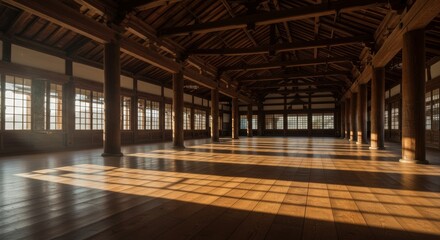 Serene Sunlight Illuminates Ancient Wooden Hall