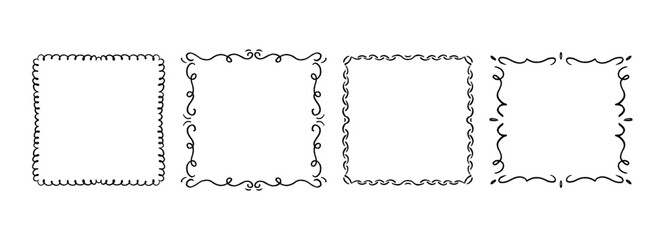 Square hand drawn wavy frame set. Black ribbon border collection. Vector doodled curl cadre frame bundle. Curved squiggly border pack for invitation, wedding party, birthday, greeting card design