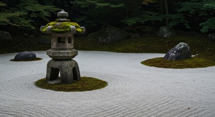 Serene Zen Garden with Mossy Stone Lantern and Raked Gravel