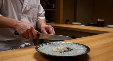 Expert Chef Preparing Fugu Sashimi in Japanese Restaurant