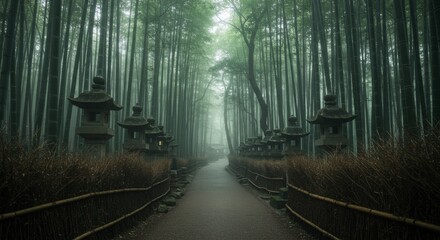 Enchanting Path Through a Misty Bamboo Forest in Japan