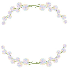 Round frame of dandelions. Watercolor illustration of dandelion buds with delicate iridescent coloring. Watercolor flowers. For flower shop, printing on postcards, greeting cards, business cards, etc