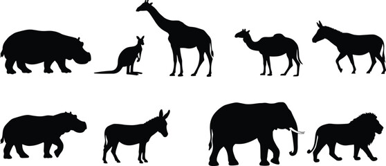 Naklejka premium Wild animal silhouettes, giraffe, hippo, lion, donkey, kangaroo, camel, elephant, safari creatures, jungle wildlife, black animal shapes