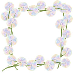 Square frame of dandelions. Watercolor illustration of dandelion buds with delicate iridescent coloring. Watercolor flowers. For flower shop, printing on postcards, greeting cards, business cards, etc