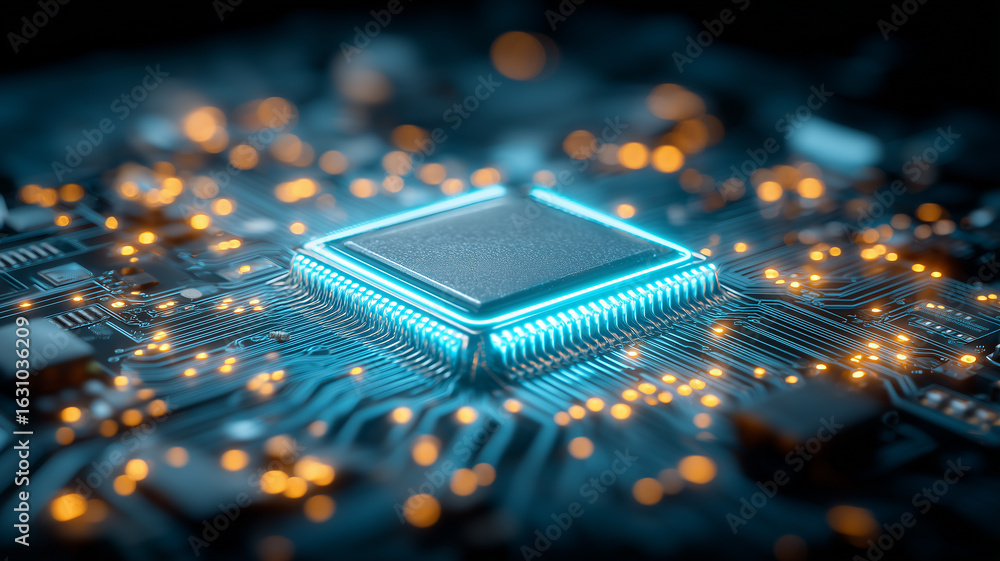 Poster luminous central processing unit crowned by electrified traces across a bustling motherboard. symbol
