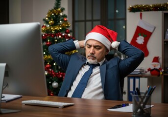 Man in santa hat working late in office with christmas tree