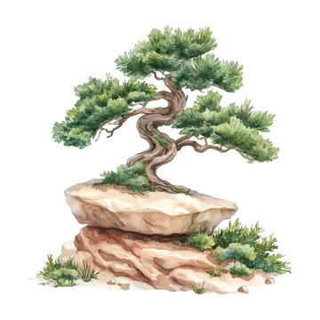 Watercolor Bonsai Tree png  Vector Illustration on a Rock Formation with Green Foliage Art