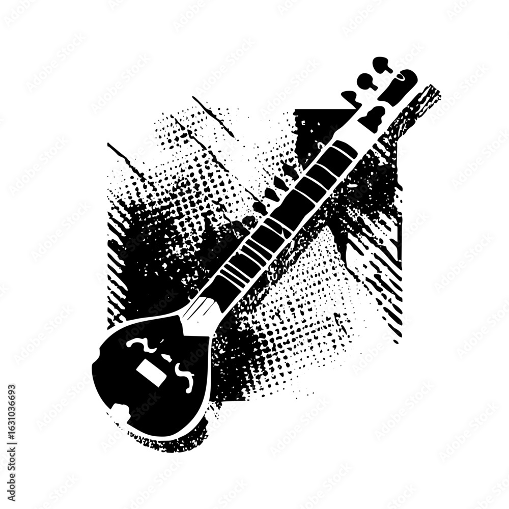 Poster Vector Monochrome vector of a sitar with distressed texture.