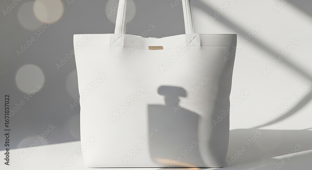 Aufkleber elegant white tote bag with playful shadows and soft bokeh background displayed