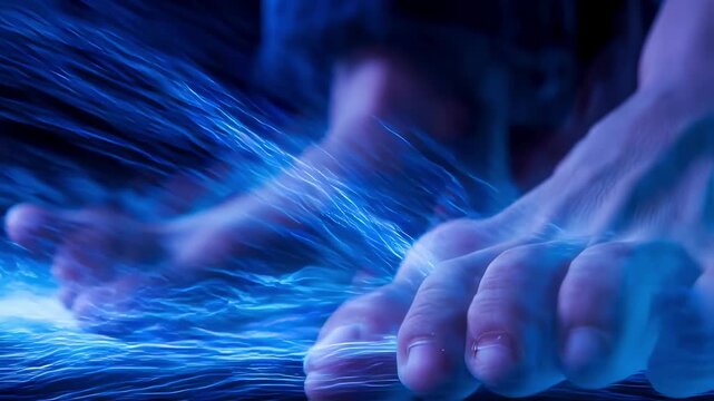 Macro shot of hands and feet jittering enhanced with dynamic electricblue streaks representing involuntary muscle twitching.