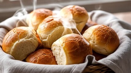 Freshly baked dinner rolls steaming in a linen-lined basket - Powered by Adobe